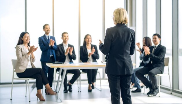 A group of businesspeople are seated and clapping for a presenter in a modern office setting.