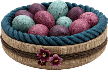 Easter egg basket with purple and teal eggs and floral decoration isolated on transparent background