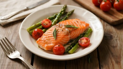 Grilled Salmon with Asparagus and Cherry Tomatoes on a White Plate