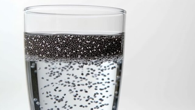 Glass of water with floating chia seeds