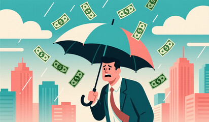 Worried Businessman Under Umbrella As Money Rains Down In City