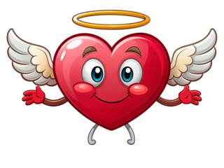 Cute Red Heart with Wings and Halo on transparent background