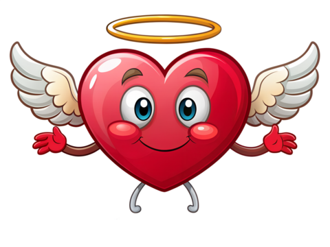 Cute Red Heart with Wings and Halo on transparent background