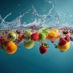 natural fruits falling into clear water splash