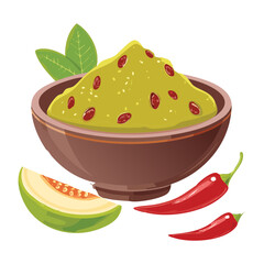 A bowl of fresh green guava dip with chili peppers and herbs - Vector Illustration