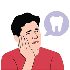 Caries severe toothache young man holding cheek vector illustration