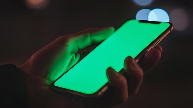 Hand holding smartphone with green screen display