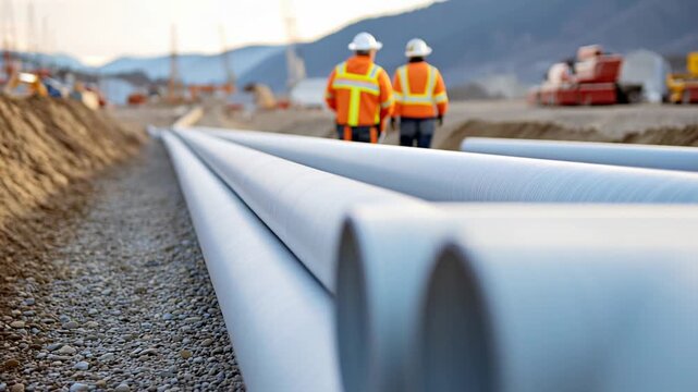 Modern pipes aligned along construction site, workers in safety gear nearby