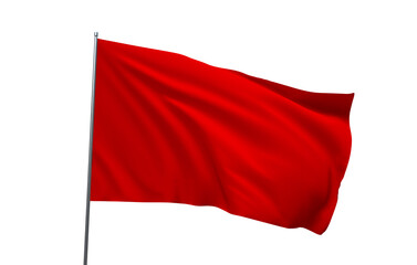 a solid red flag waving on a flagpole, isolated on a clean white background.