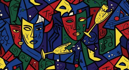 Obraz premium Abstract Colorful Art Featuring Faces, Masks and Champagne Glasses