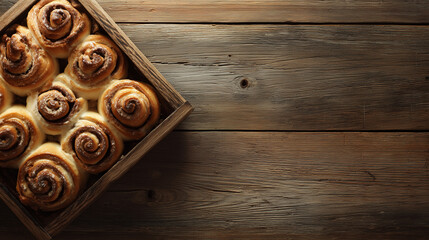 Fototapeta premium National Cinnamon Roll Day, tray of assorted cinnamon rolls cooling on rustic wooden table