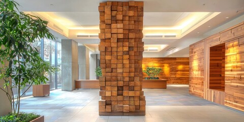 Wooden block column rising dramatically in entrance lobby of architecture firm Stock photo