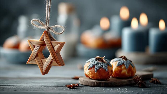 A wooden Star of David ornament hangs above a table with two sufganiyot and lit candles. The background features blurred festive decorations.