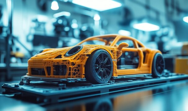 Rapid prototyping concept, showcasing the accelerated process of creating scale models or assemblies using 3D printing and CAD designs. This visual highlights the efficiency, Generative AI