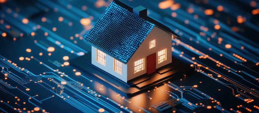 Illuminated house model atop glowing blue circuit board lines
