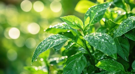 Dew-kissed green leaves