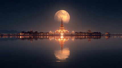 Vap Full Moon Poya Day, full moon over serene lake with reflection of temple lights