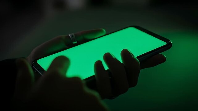 Hand using smartphone with green screen interface