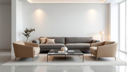A modern living room with a gray sofa beige chairs and a glass coffee table on a white rug