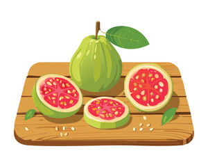 Sliced pink guava and a whole fruit on a wooden cutting board with a clean background - Vector Illustration