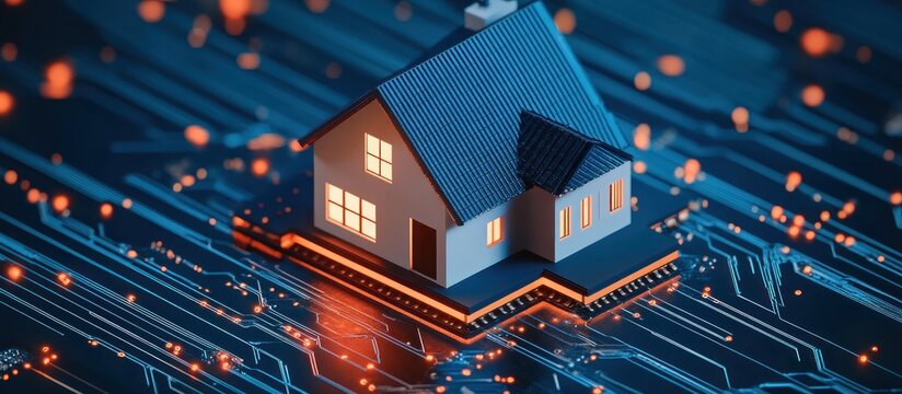 A small house model with glowing windows rests on a circuit board with neon blue lines
