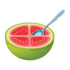 A half-cut pink guava fruit with a spoon, a refreshing and healthy snack, with a clean background - Vector Illustration