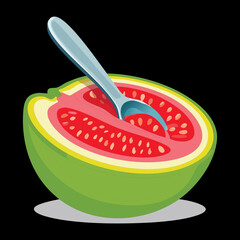 A half-cut pink guava fruit with a spoon inserted, ready to be enjoyed, on a white background - Vector Illustration
