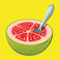 A half-cut pink guava fruit with a spoon, ready to be eaten, on a yellow background - Vector Illustration