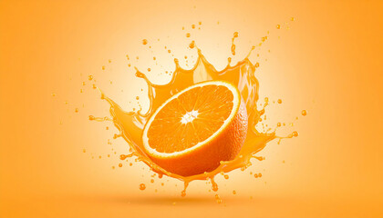 Close-up of vibrant sliced ​​oranges with orange juice splashing against an orange background