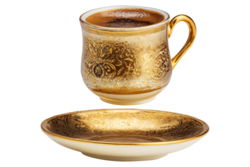 Golden coffee cup with intricate patterns filled with Arabic cardamom spiced dark coffee Qahwa placed on saucer isolated on white transparent background
