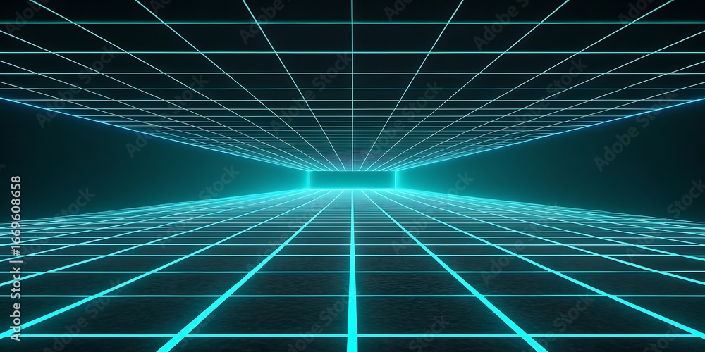Poster abstract digital grid tunnel with glowing blue lines receding into the distance, representing techno