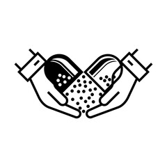Black and white outline of two open hands under an opened capsule capsule with granules pouring out, symbolizing medicine, care, or support in health.