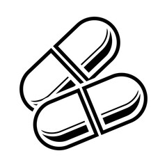 Black and white vector illustration of two capsules crossed together. Minimalist medical symbol representing healthcare, pharmacy, supplements, and medication.