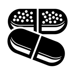 Black and white vector illustration of capsules, one opened showing small granules inside. Minimalist medical icon symbolizing healthcare, pharmacy, supplements, and treatment.