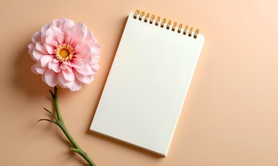 A blank white notebook mockup on a rustic wood slice with a sprig of lavender, set on a white background with soft, natural sunlight and shadow.