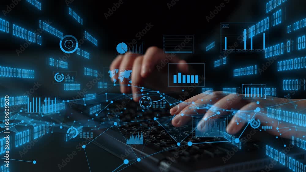 Poster this image illustrates the concept of data analysis through a digital interface overlay on a keyboar
