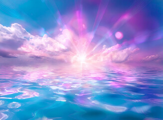 太陽が輝く神秘的な空と海