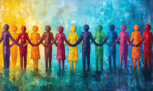 Illustration of a diverse group of people holding hands, representing unity, community, and mutual support. This image emphasizes teamwork, cooperation, and helping each other, Generative AI