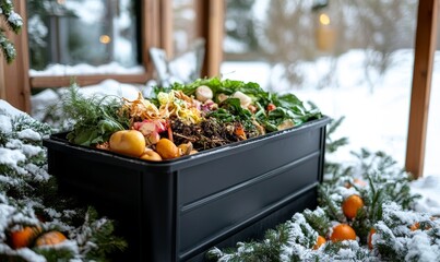 Home composting bin filled with kitchen scraps such as fruit peels and vegetable trimmings, symbolizing sustainable waste management practices and reducing environmental impact, Generative AI