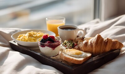 a breakfast tray by a sunny hotel bedroom window, with a variety of high-protein breakfast dishes such as scrambled eggs, Greek yogurt with berries, croissant and toast, and a cup of coffee, orange ju