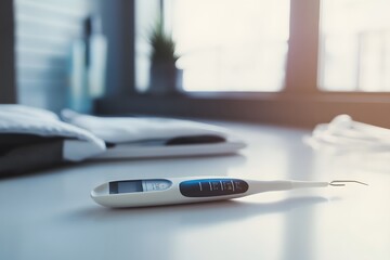 Digital thermometer on clean counter, home healthcare and quick diagnostics visual