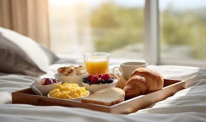 a breakfast tray by a sunny hotel bedroom window, with a variety of high-protein breakfast dishes such as scrambled eggs, Greek yogurt with berries, croissant and toast, and a cup of coffee, orange ju