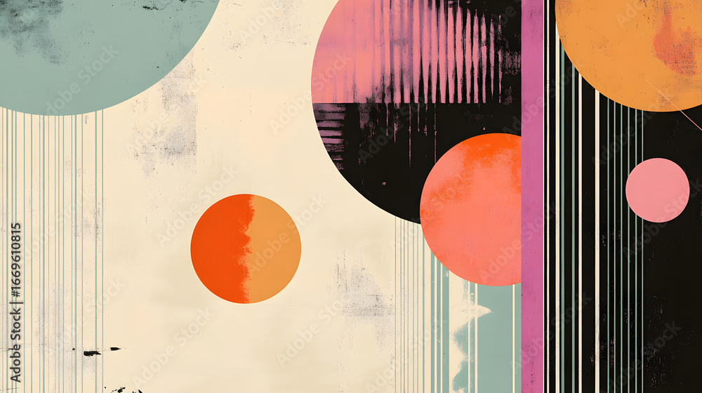 Poster vibrant abstract circles and lines create a dynamic, retro-inspired design perfect for modern decor.