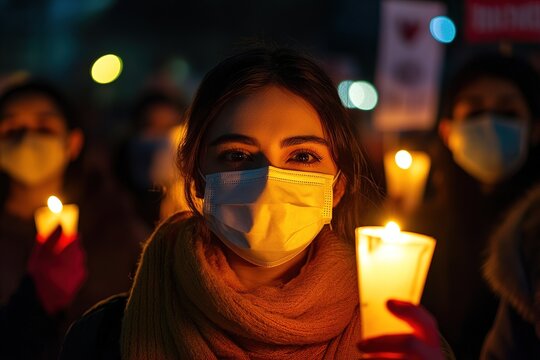 candlelight protest at night, people in face masks stand united, framed by soft golden lighting, ideal for topics like activism, unity, social justice or community mourning