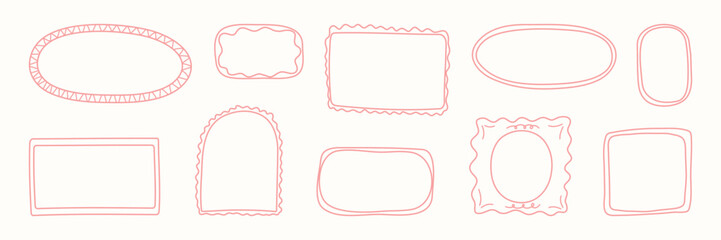 Coquette frames with doodle bows, ribbons. Hand Drawn whimsical line borders for birthday, christmas, wedding Invitations, menu. Vintage minimalist elements template. Trendy isolated Vector illustrati