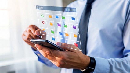 Professional businessman using futuristic holographic interface on smartphone, managing digital files and data efficiently in modern office