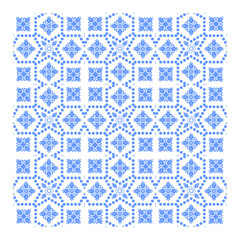 Intricate Blue and White Floral Pattern, Traditional Batik Inspired Design, Seamless Geometric Floral Tile