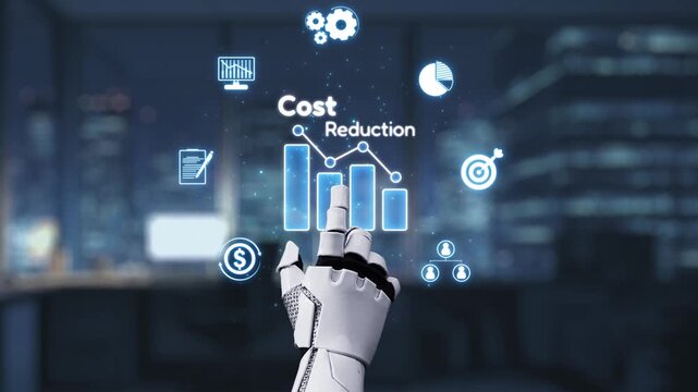 A sleek robotic hand engages with floating digital icons and graphs representing cost reduction and performance metrics in a modern office setting at night. Auvana