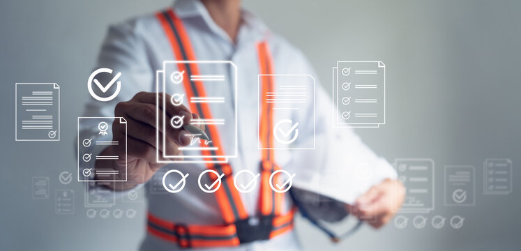 Engineer approves Project Online Approved buildings permit concept with approved residential building project, Construction project inspection