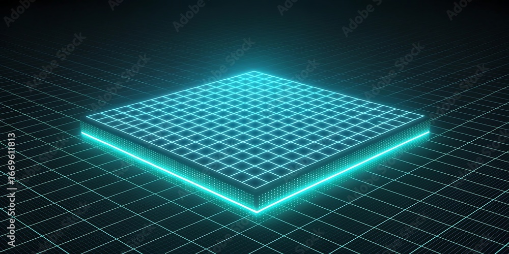 Poster detailed glowing blue circuit board processor chip on a dark background with digital data streams.